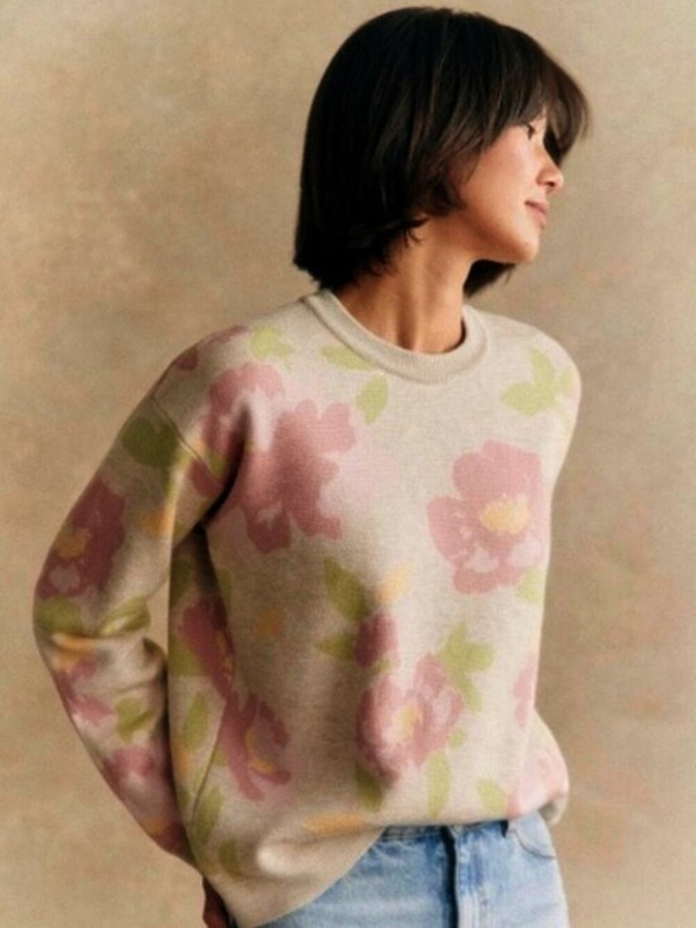 EUC Sezane Beatrice 100% Wool Floral Sweater Beige Pink Small